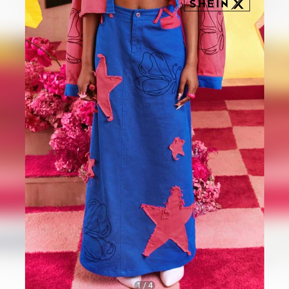 SHEIN X Women's Blue and Pink Maxi Skirt